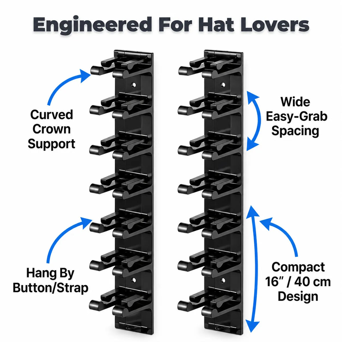 HatStack™ - Space-Saving Wall Organizer for 10 Caps