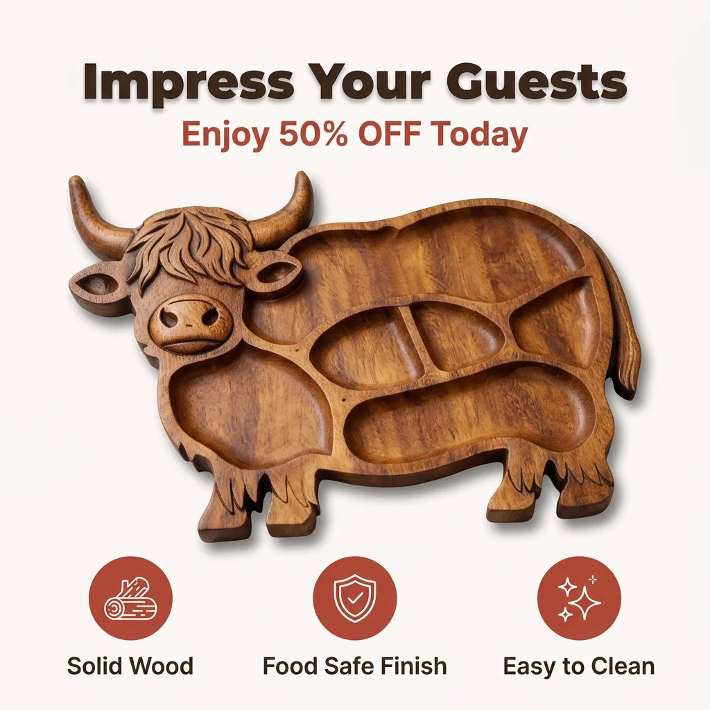NeatTray™ - Hand-carved solid wood highland cow serving board