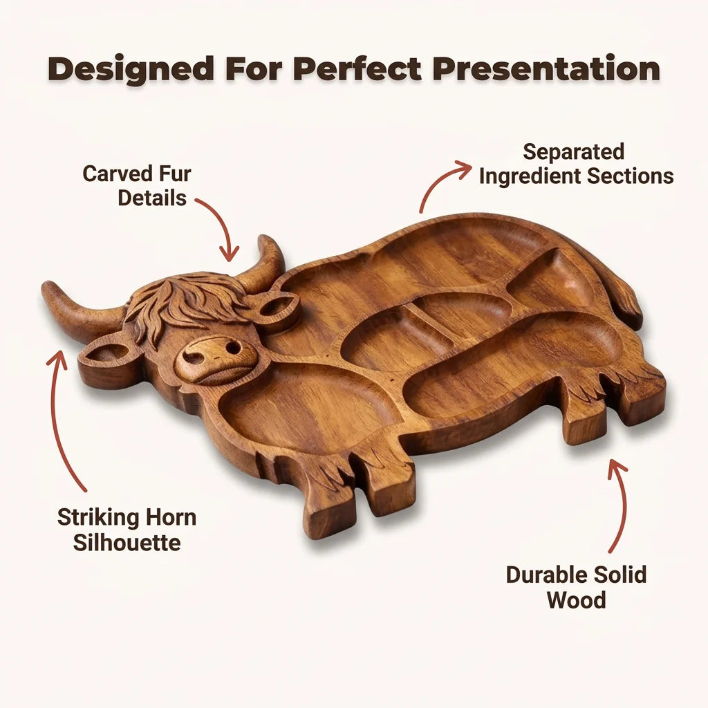 NeatTray™ - Hand-carved solid wood highland cow serving board
