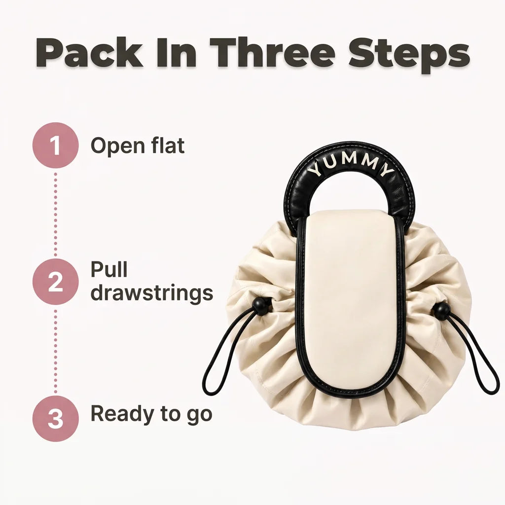 FlexBag™ - Instant-access drawstring makeup organizer
