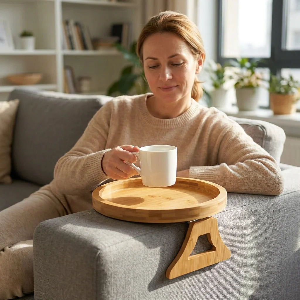 FlexTray™ - Flexible solid wood armrest table for drinks and snacks