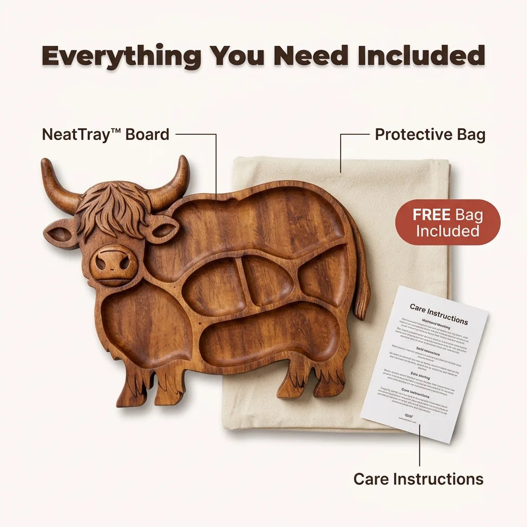 NeatTray™ - Hand-carved solid wood highland cow serving board
