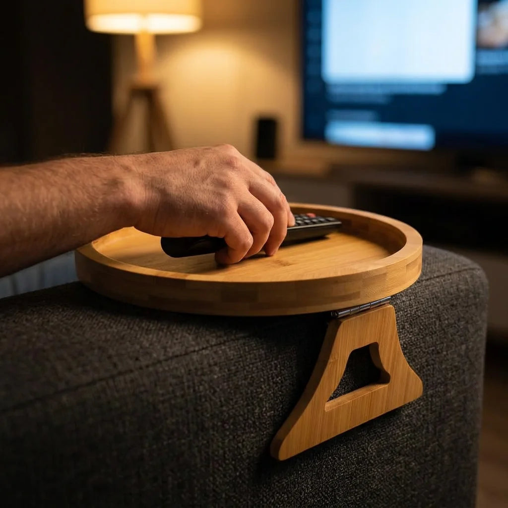 FlexTray™ - Flexible solid wood armrest table for drinks and snacks