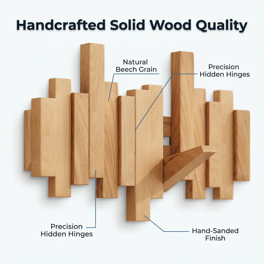 PianoHook™ - Handcrafted Solid Wood Wall Rack with Foldable Piano Key Hooks